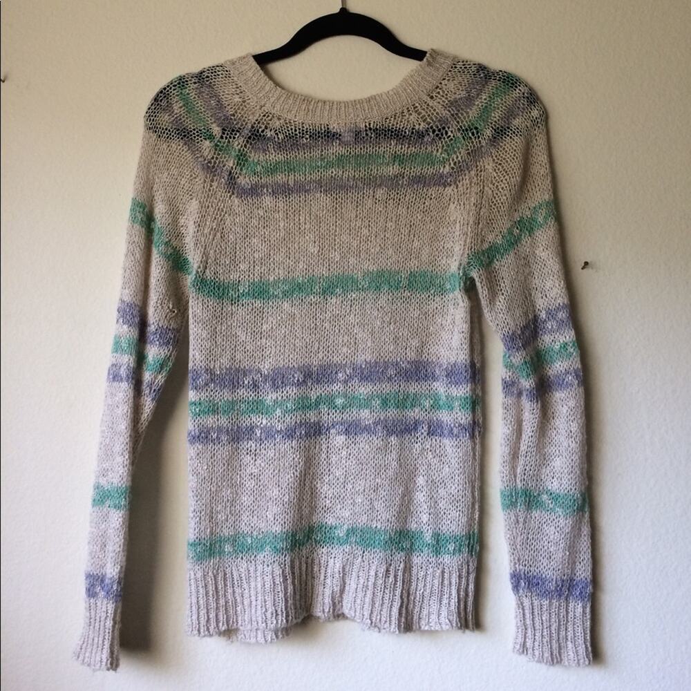 BP Brass Plum Women’s Striped Open Knit Crew Neck Pullover Sweater Top Size XS - Picture 6 of 7